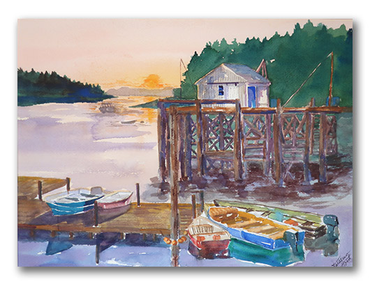 Kathleen Horst watercolor, "Sunset at Port Clyde"