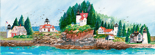 Kathleen Horst watercolor of Acadia area lighthouses