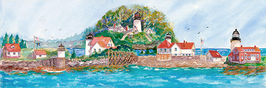 Kathleen Horst watercolor of Boothbay area lighthouses