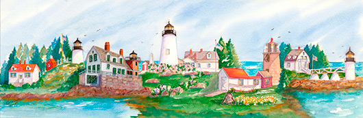 Kathleen Horst watercolor of Midcoast lighthouses